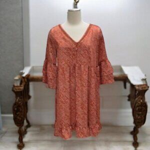 Jodifl‎ Orange Boho Prairie Cottagecore Bell Sleeve Ruffle Hem Mini Dress Size S